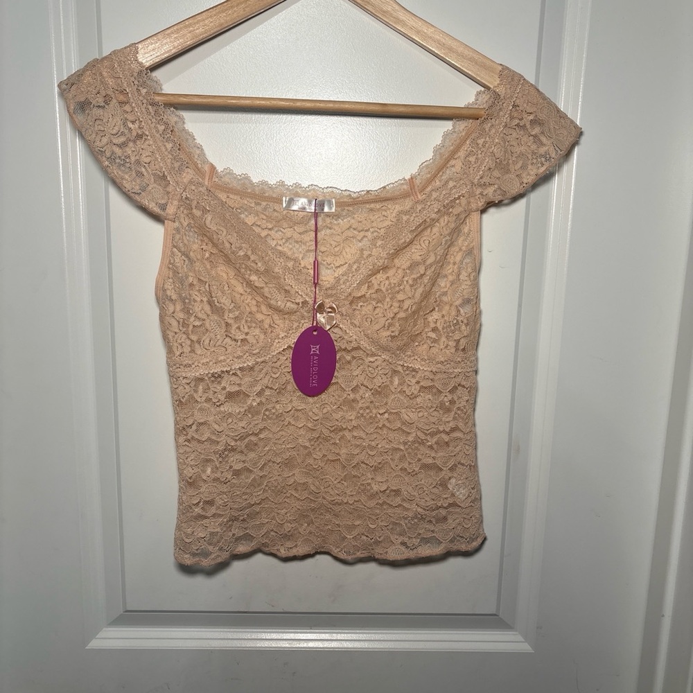 Free People Style Nude Lace Off Shoulder Top | Romantic Boho Coquette Going Out - Picture 3 of 6
